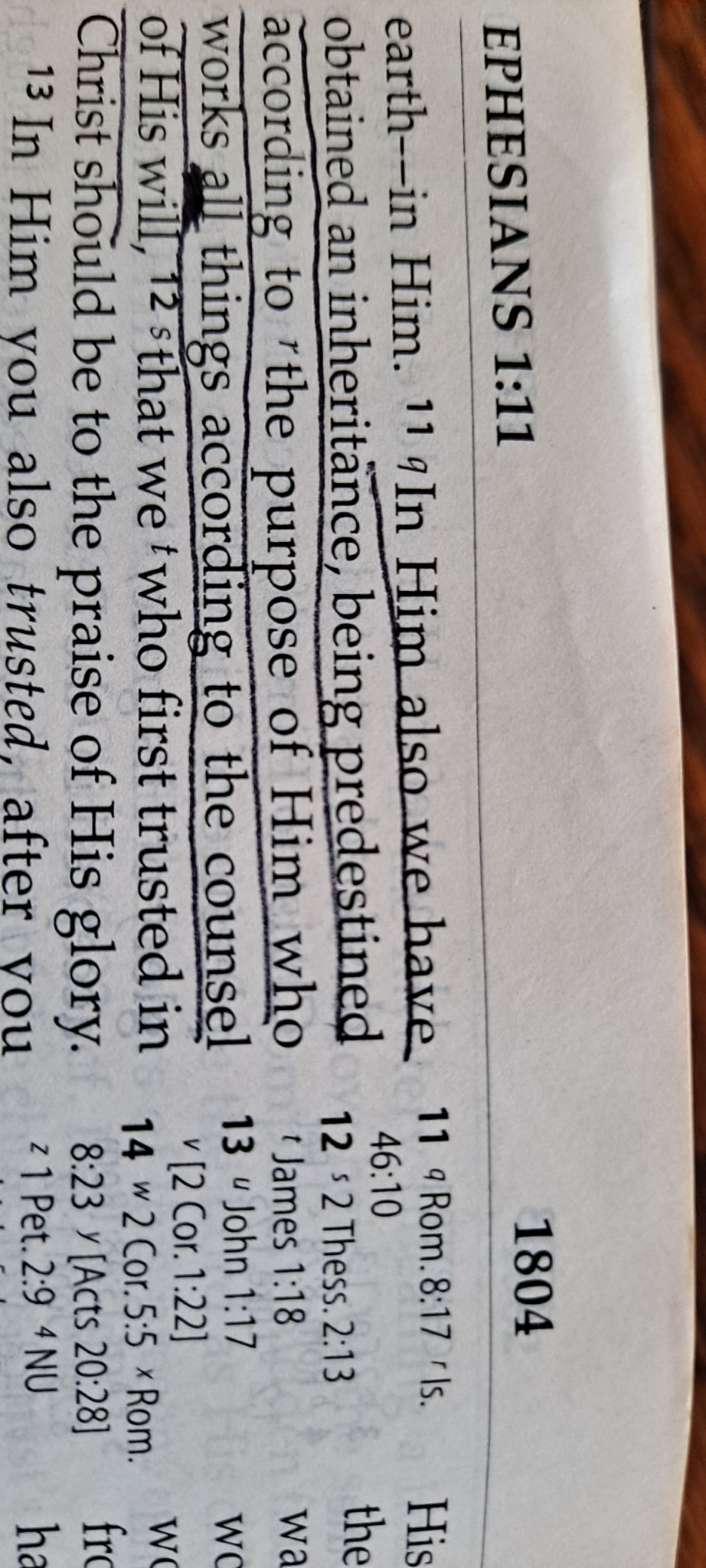 Amy’s Bible at Ephesians 1:11, with “the purpose of Him who works all things according to the counsel of His will” underlined.