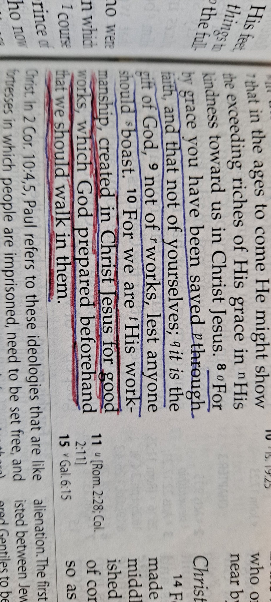 Amy’s Bible at Ephesians 2:8-10, with “saved through faith and created in Christ Jesus for good works” underlined.