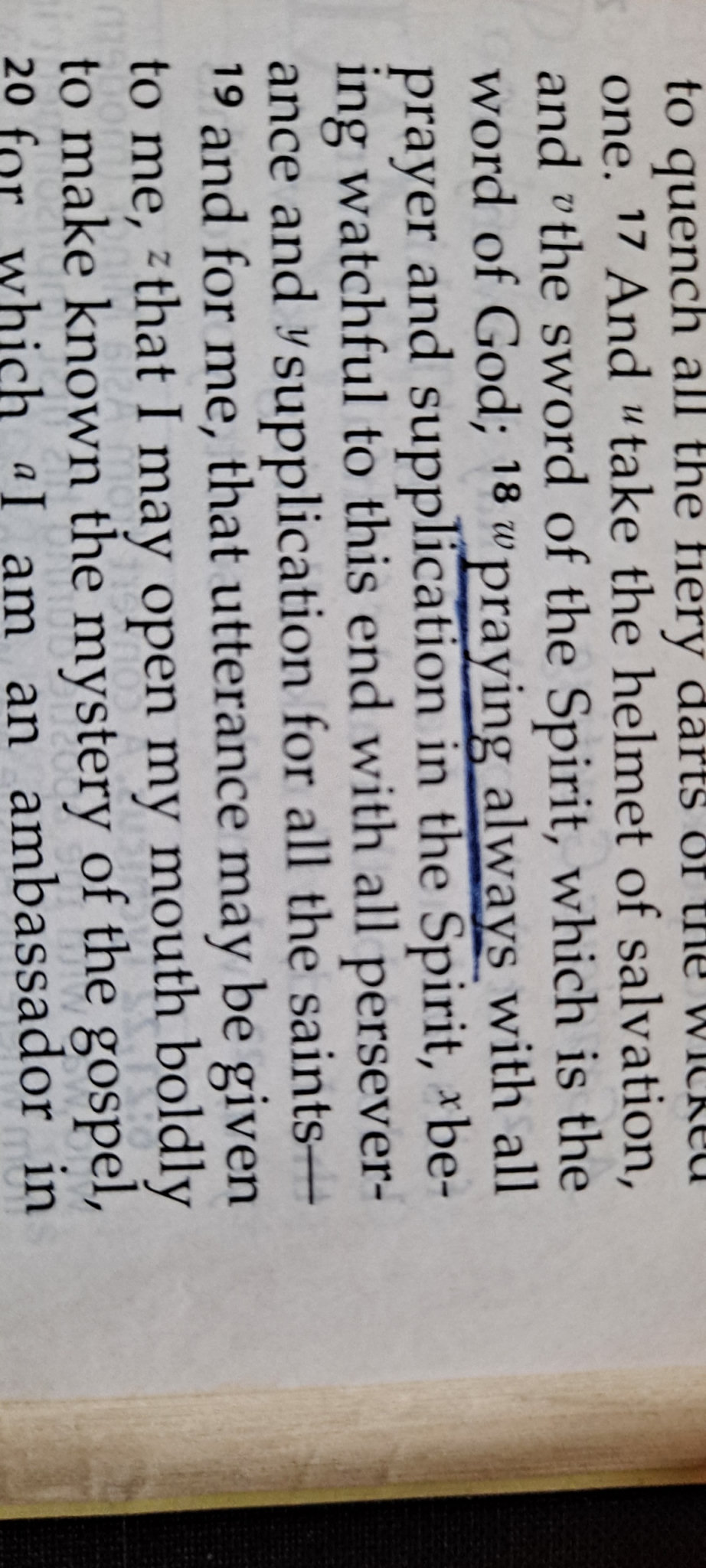 Amy’s Bible at Ephesians 6:18, with “praying always with all prayer and supplication in the Spirit” underlined.